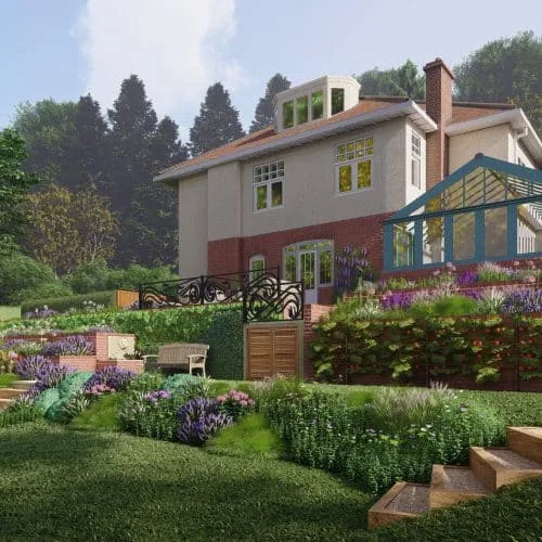 3D Visualisationm of large country garden in Digswell, Hertfordshire with raised steps, timber steps and colourful mixed planting