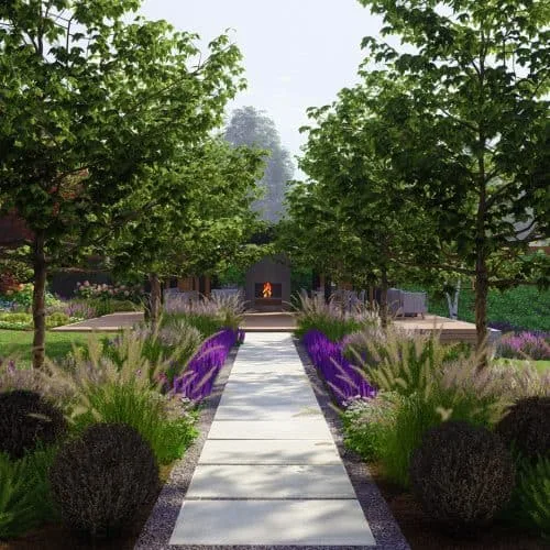 3D visualisation of contemporary country garden with stepping stones through planted borders with mature trees leading to a composite deck outdoor lounge and dining area with outdoor fireplace