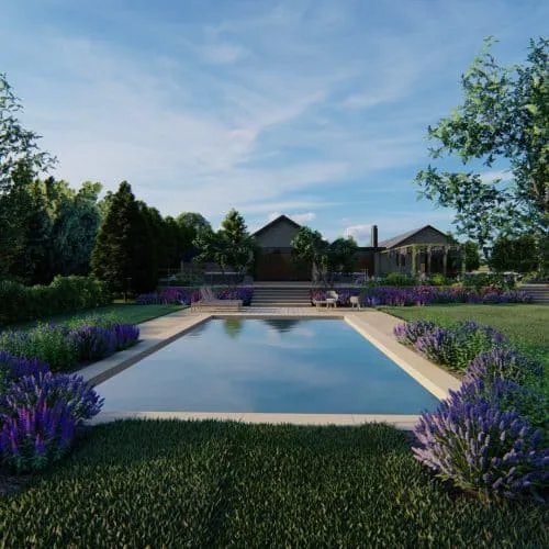 3D render of a large country garden with swimming pool surrounded by Mediterranean planted borders with steps leading to the upper patio and single story house.