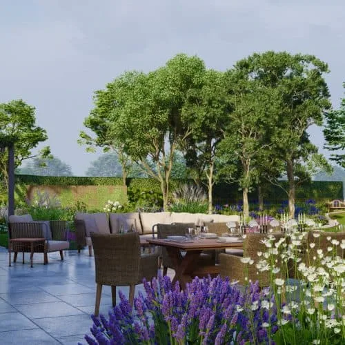 3D visualisation of a large country garden with contemporary outdoor dining and lounge seating with wisteria clad pergola and mature gardens