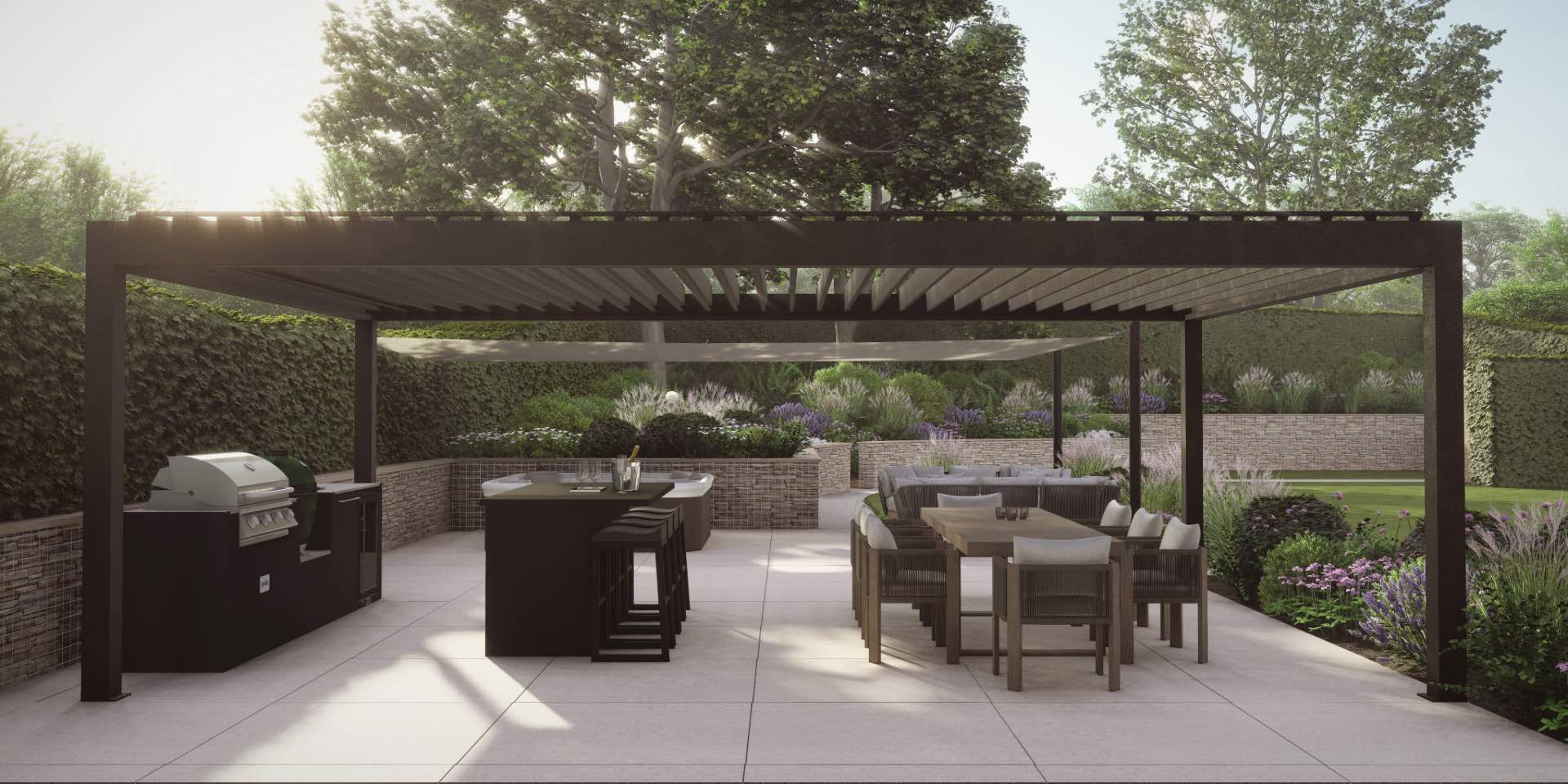 3D Visualisation of large contemporary sociable garden in Harpenden