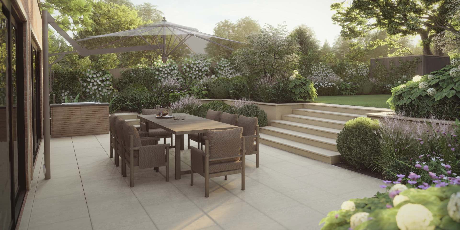 3D visualisation of new luxury Harpenden garden with outdoor dining whiten sunken garden and colourful planting