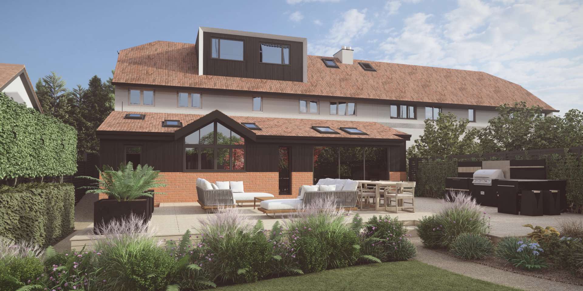 Park Hill Harpenden 3D visualisation of re-design including composite deck outdoor lounge seating and dining area with planting for sun