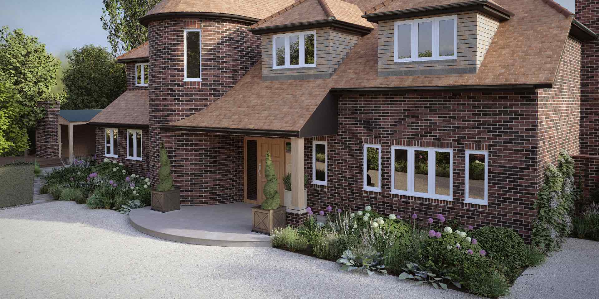 3D Visual of front garden re-design with new planted borders for shade, gravel drive and limestone curved entrance platform to front door