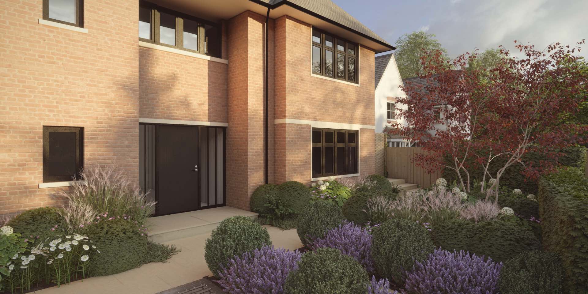 3D visualisation of newly designed front garden with red brick house, limestone paving and evergreen low maintenance planting