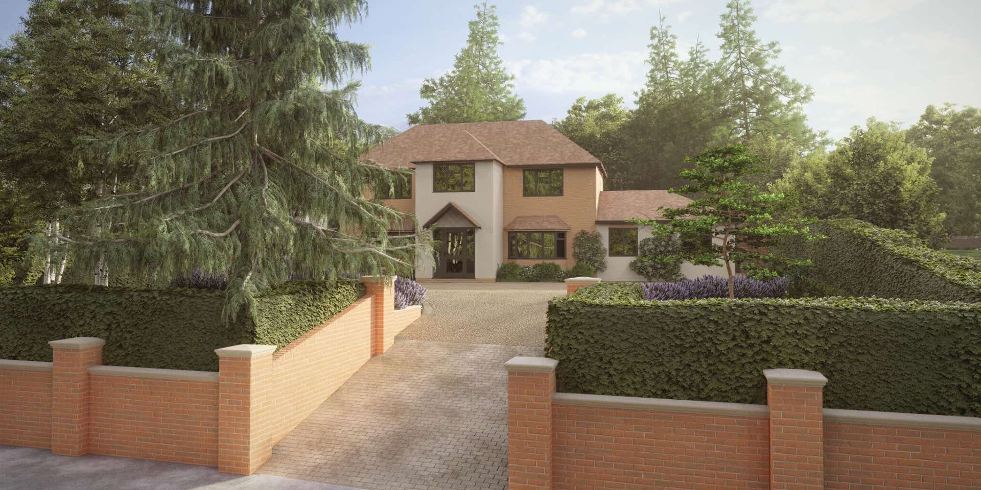 3D Visualisation of newly designed Hertford resin driveway with brick retaining wall, granite setts and hedging
