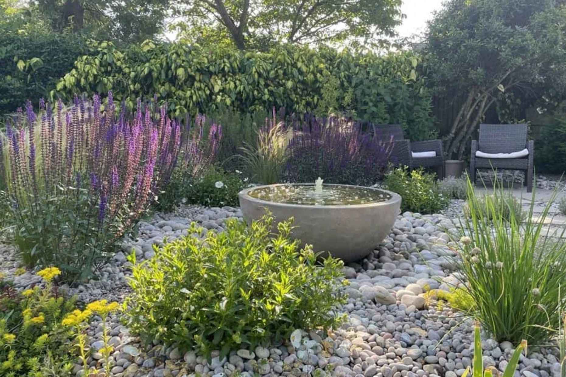 Water feature in a drought tolerant garden.